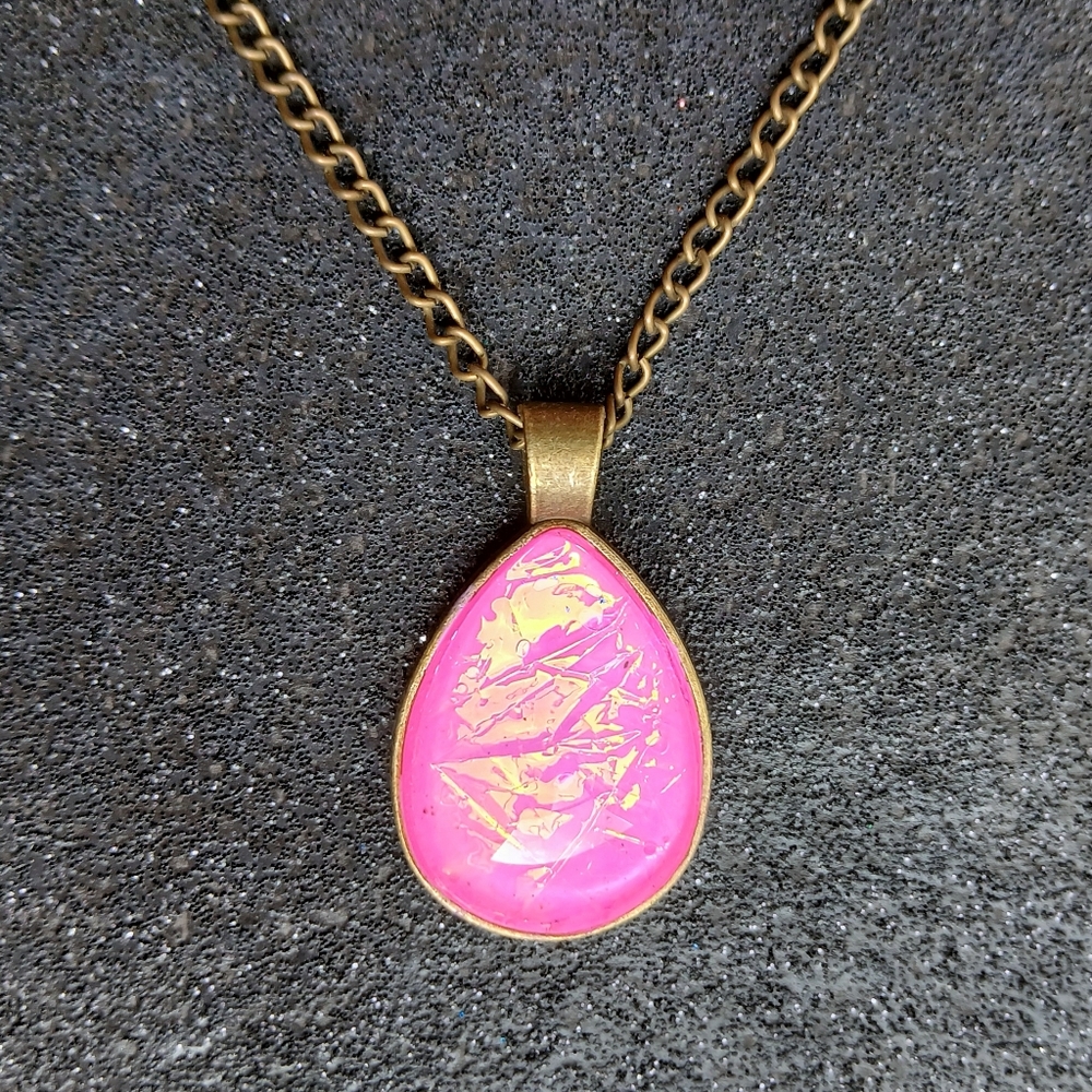 Pink faux triplet opal / dichroic glass teardrop pendant 18" bronze necklace New